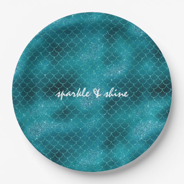 Teal Sparkle Mermaid personalised Paper Plate (Front)