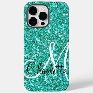 Teal  sparkling glitter monogrammed    Case-Mate iPhone 14 pro max case