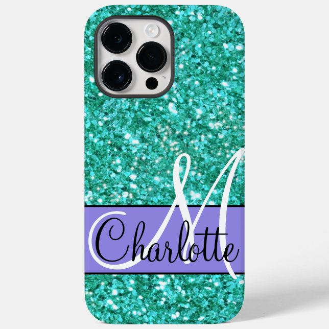 Teal  sparkling glitter monogrammed      Case-Mate iPhone Case (Back)