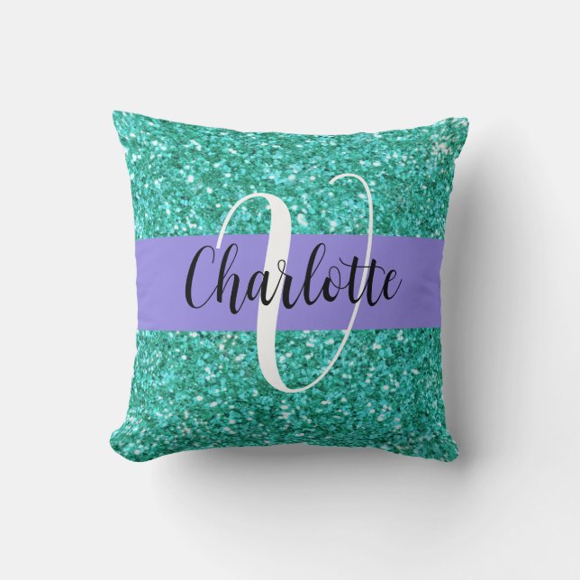 Teal sparkling glitter monogrammed      cushion (Front)