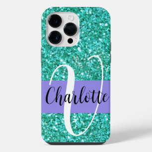Teal sparkling glitter monogrammed iPhone 14 pro max case