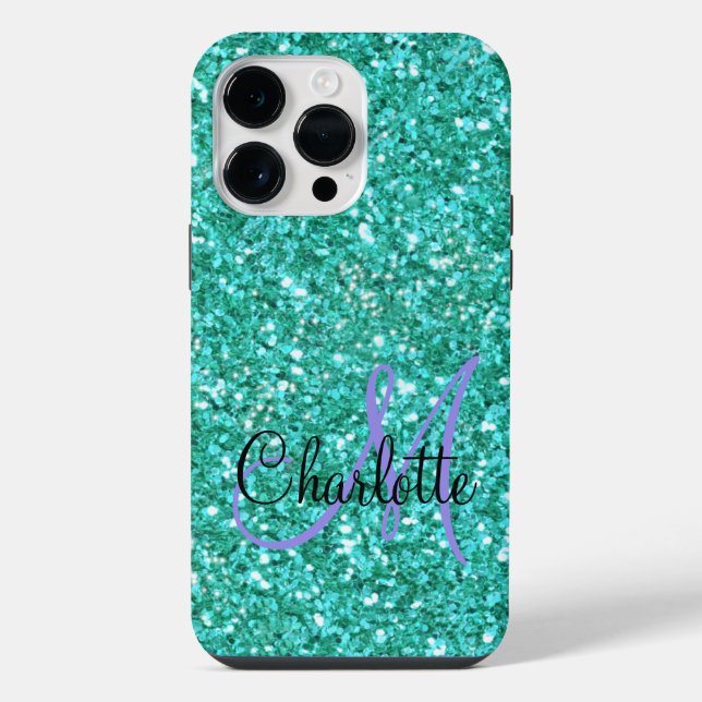 Teal sparkling glitter monogrammed     iPhone case (Back)