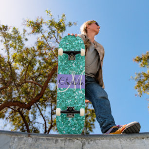 Teal sparkling glitter monogrammed skateboard
