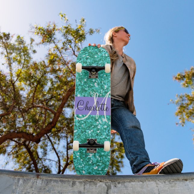 Teal sparkling glitter monogrammed        skateboard (Outdoor 1)