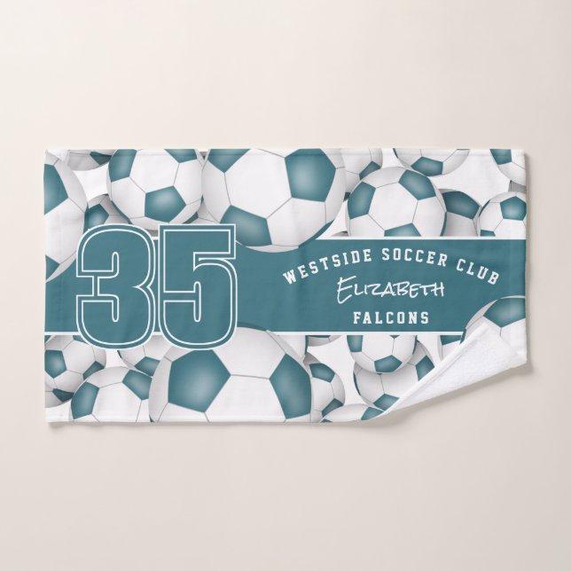 teal sports team colours Lots of soccer balls Hand Towel (Hand Towel)