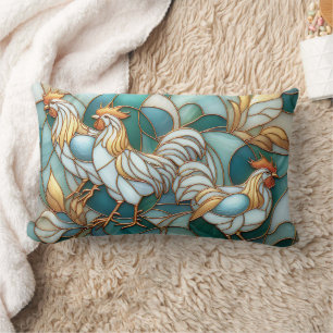 Teal Stained Glass Roosters Elegant Farmhouse Lumbar Cushion