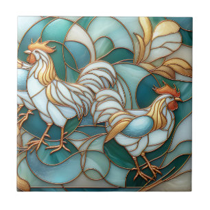 Teal Stained Glass Roosters Elegant Farmhouse Tile