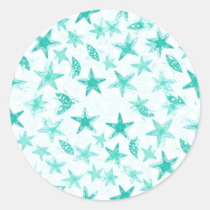 teal starfish ocean pattern classic round sticker