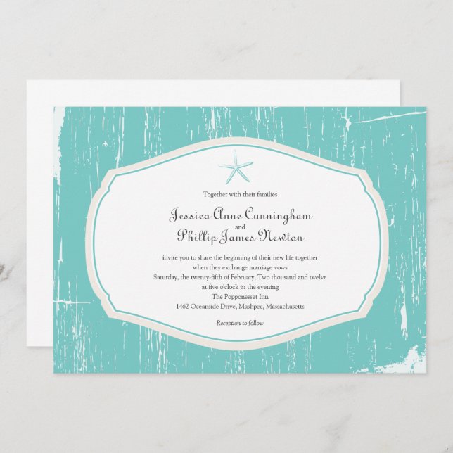 Teal Starfish Rustic Beach Wedding Invitation (Front/Back)