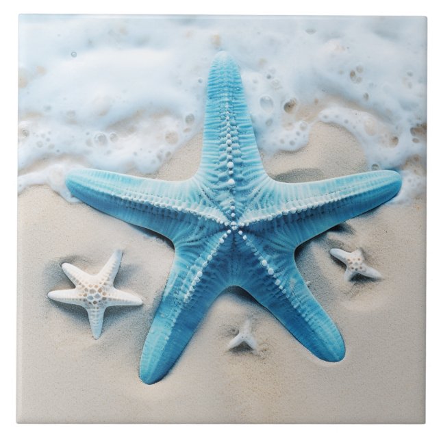 Teal Starfish Seafoam Beach Seashore Watercolor Tile (Front)