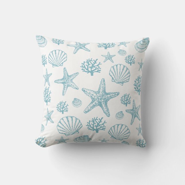 Teal Starfish Seashell Beachy Pattern Cushion (Front)