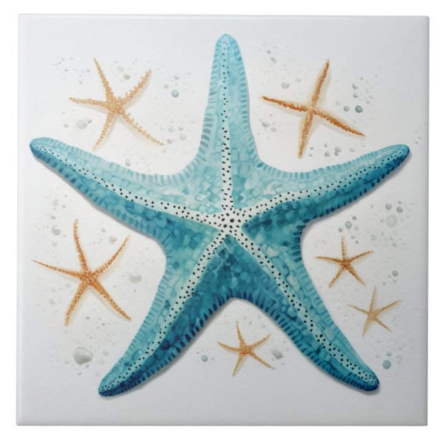 Teal Starfish Watercolor Tile (Front)