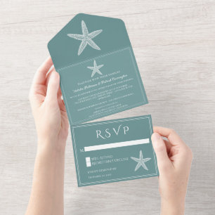 Teal Starfish Wedding All In One Invitation