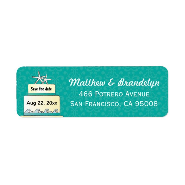 Teal Starfish Wedding Cake Address Labels (Front)