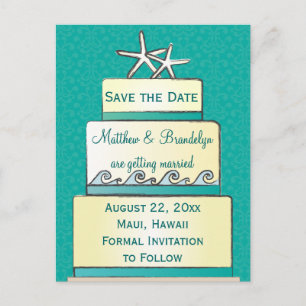 Teal Starfish Wedding Cake Save the Date Postcard