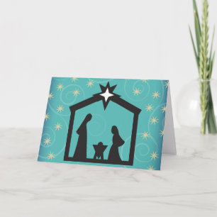 Teal Starry Night Christmas Nativity Greeting Card