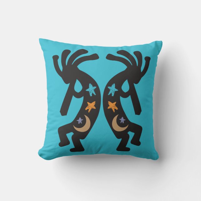 Teal Stars and Moon Kokopelli Throw Pillow (Front)