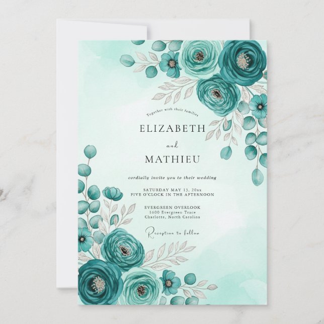 Teal Stately Botanical Wedding Invitation (Front)
