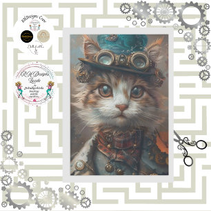 Teal Steampunk Cat with Teal Hat Decoupage  Tissue Paper