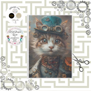 Teal Steampunk Cat with Teal Hat Decoupage Tissue Paper