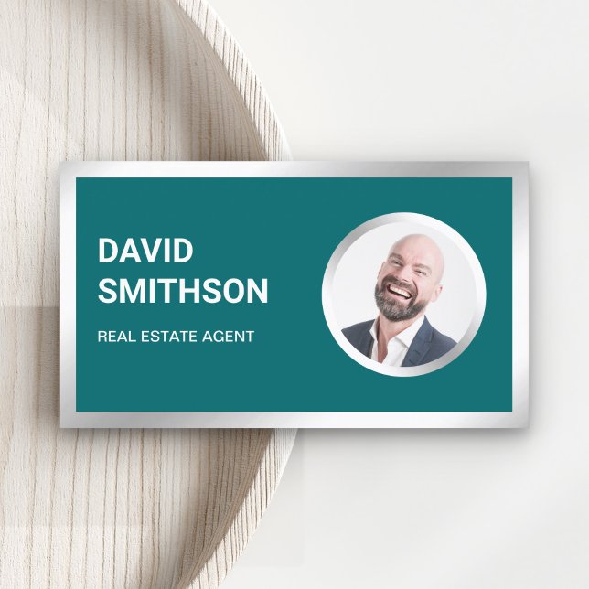 Teal Steel Silver Photo Real Estate Agent Business Card (Creator Uploaded)