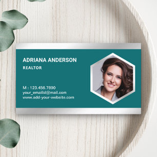 Teal Steel Silver Real Estate Photo Realtor Business Card