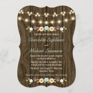 Teal String of Lights Fall Rustic Acorn Wedding Invitation