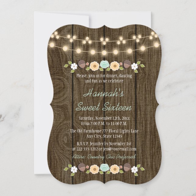 Teal String of Lights Rustic Sweet 16 Invitation (Front)