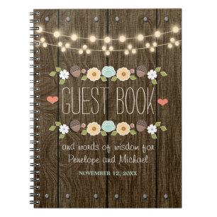 Teal String of Lights Rustic Wedding Guest Boook Spiral Notebook