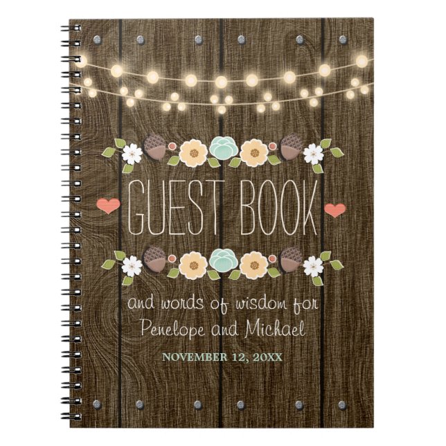 Teal String of Lights Rustic Wedding Guest Boook Spiral Notebook (Front)