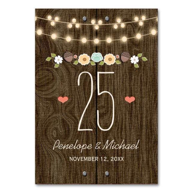 Teal String of Lights Rustic Wedding Table Number (Front)