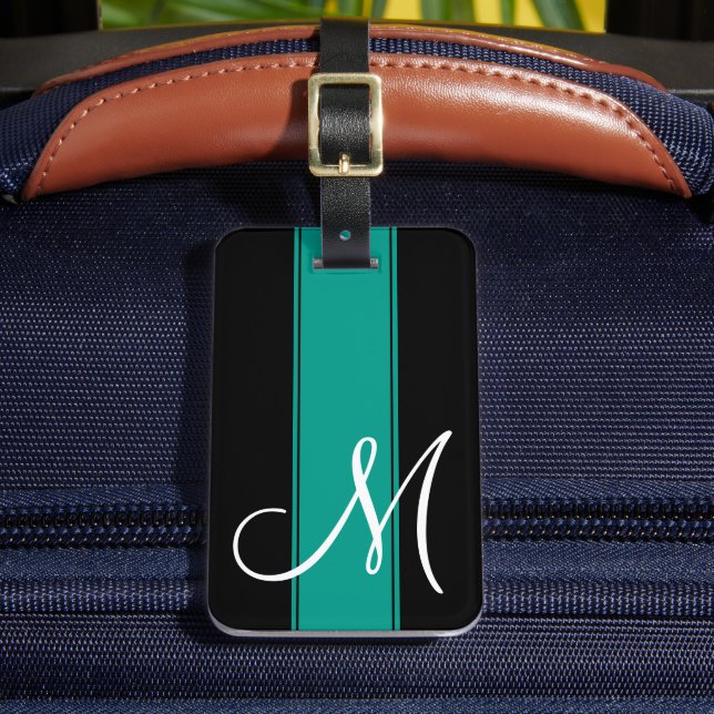 Teal Stripe with Large Monogram Luggage Tag (Front Insitu 2)