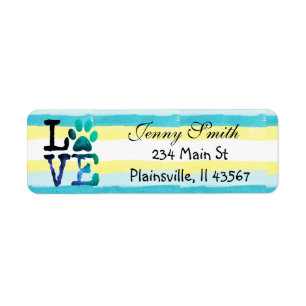Teal Striped Love Paw Print Return Address Label