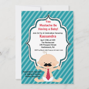 Teal Striped Moustache Baby Shower Invitation