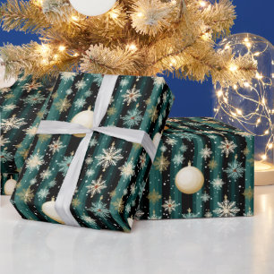 Teal Striped Snowflakes & Decorations Christmas Wrapping Paper