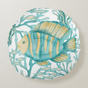 Teal Striped Watercolor Fish Round Cushion