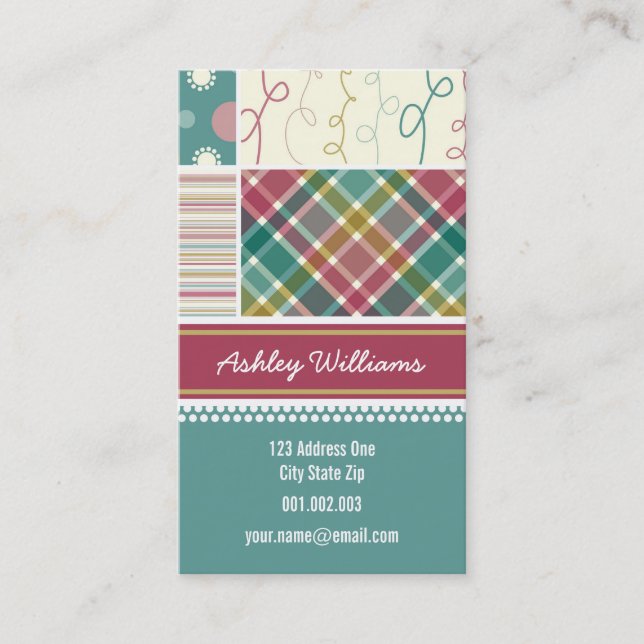 Teal Stripes Checks Dots Scribbles Combo Pattern Business Card (Front)