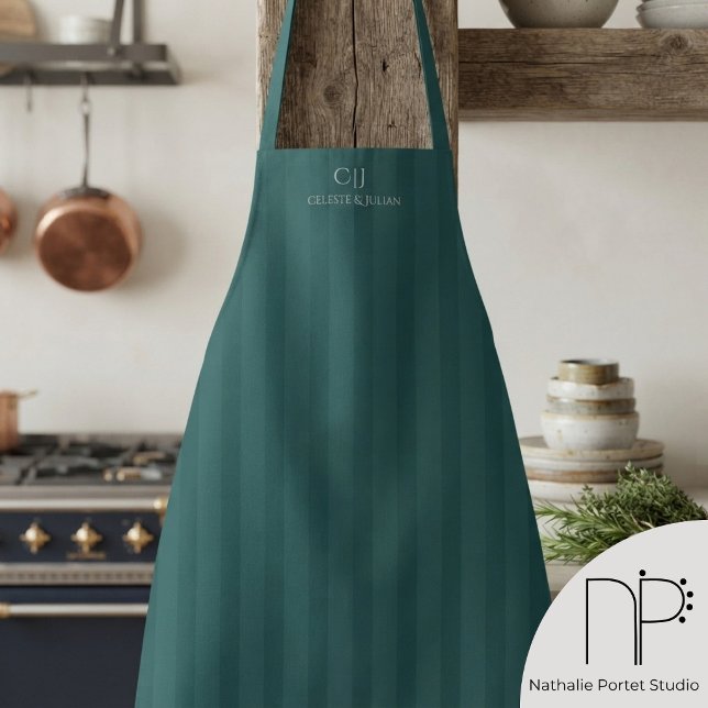 Teal Stripes Monogram Wedding Apron (Teal Stripes Monogram Wedding Apron features custom names and monogram details)