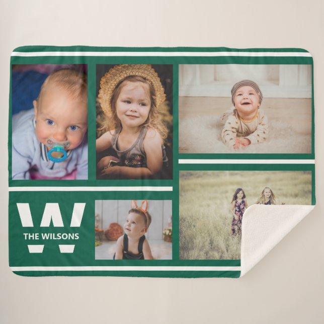 Teal Stripes Multiple Photos Custom Monogram Sherpa Blanket (Front (Horizontal))