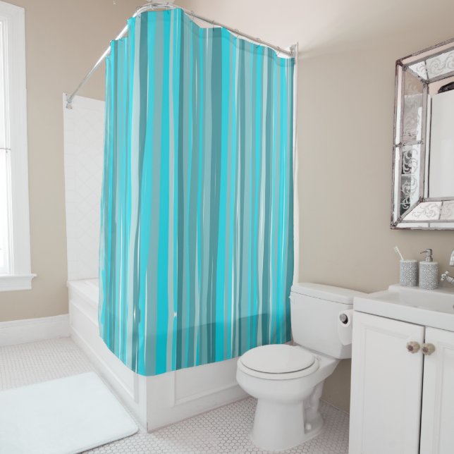Teal Stripes Vertical  Shower Curtain (In Situ)