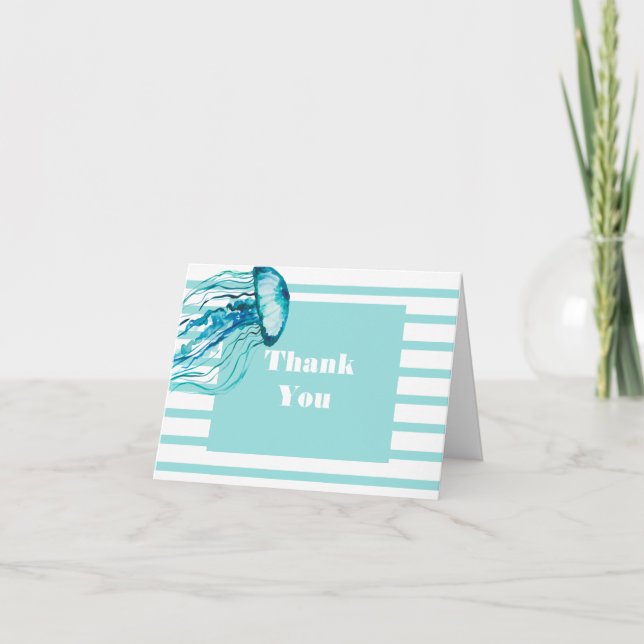 Teal Stripes Watercolor Jellyfish Thank You Card (Front)