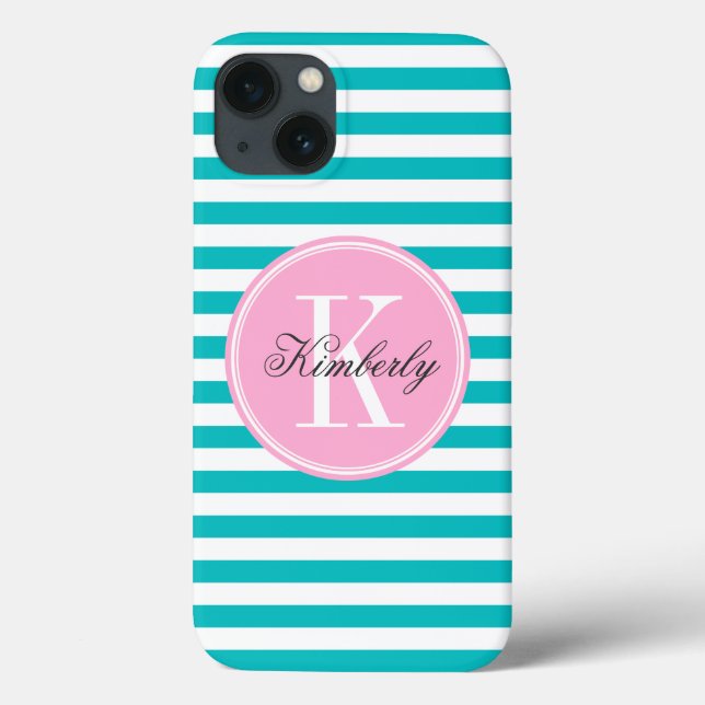 Teal Stripes with Bubblegum Pink Monogram Case-Mate iPhone Case (Back)