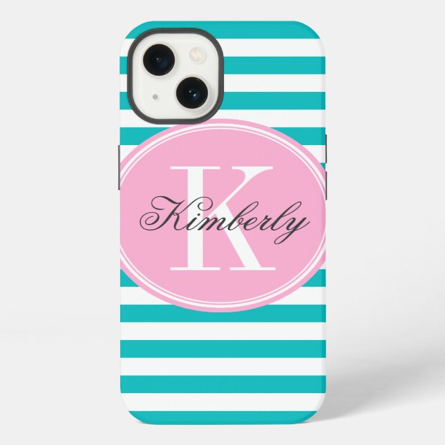 Teal Stripes with Bubblegum Pink Monogram iPhone Case (Back)