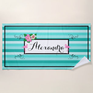 Teal Stripes With Flamingos and Hibiscus Flowers Beach Towel