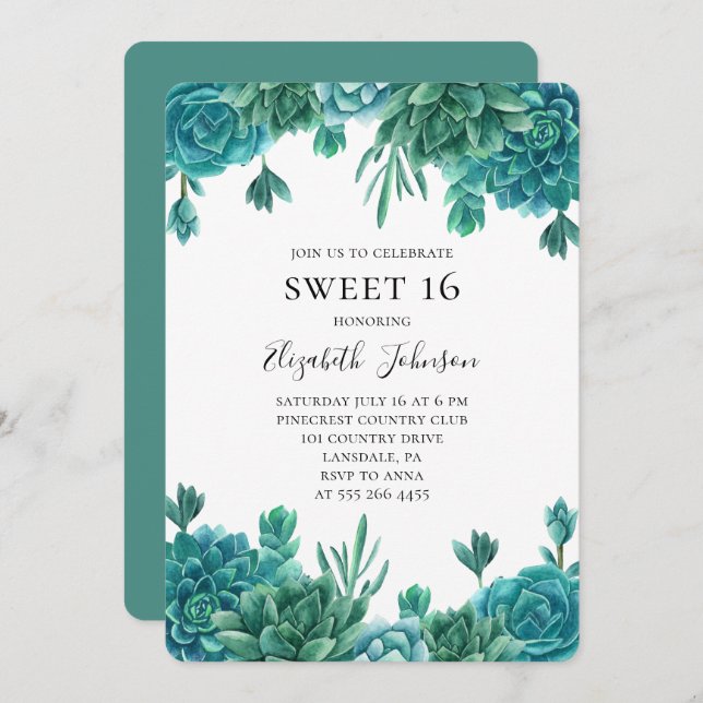 Teal succulent sweet 16. Blue cactus 16th birthday Invitation (Front/Back)