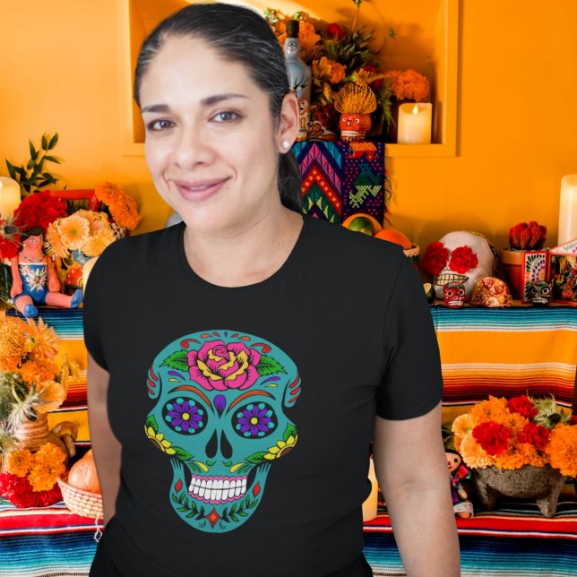 Teal Sugar Skull Dia de los Muertos T-Shirt (Creator Uploaded)