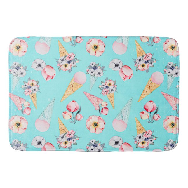 Teal Summer Fun Flower Ice Cream Cone - Pattern Bath Mat (Front)