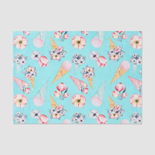 Teal Summer Fun Flower Ice Cream Cone - Pattern Tissue Paper (Front)