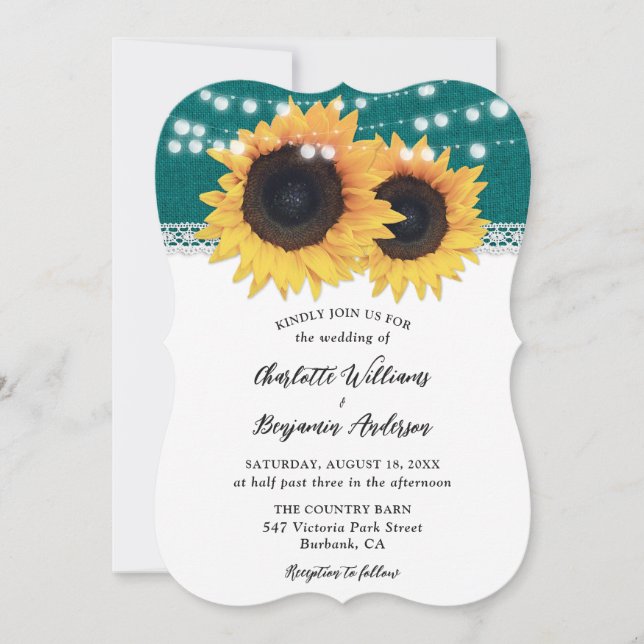 Teal Sunflower Burlap Lace Country Wedding Invitation (Front)
