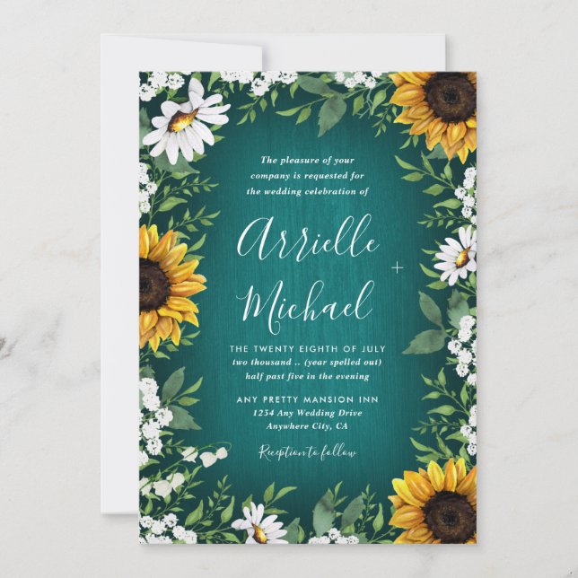 Teal Sunflower Country Rustic Wedding Invitations (Front)